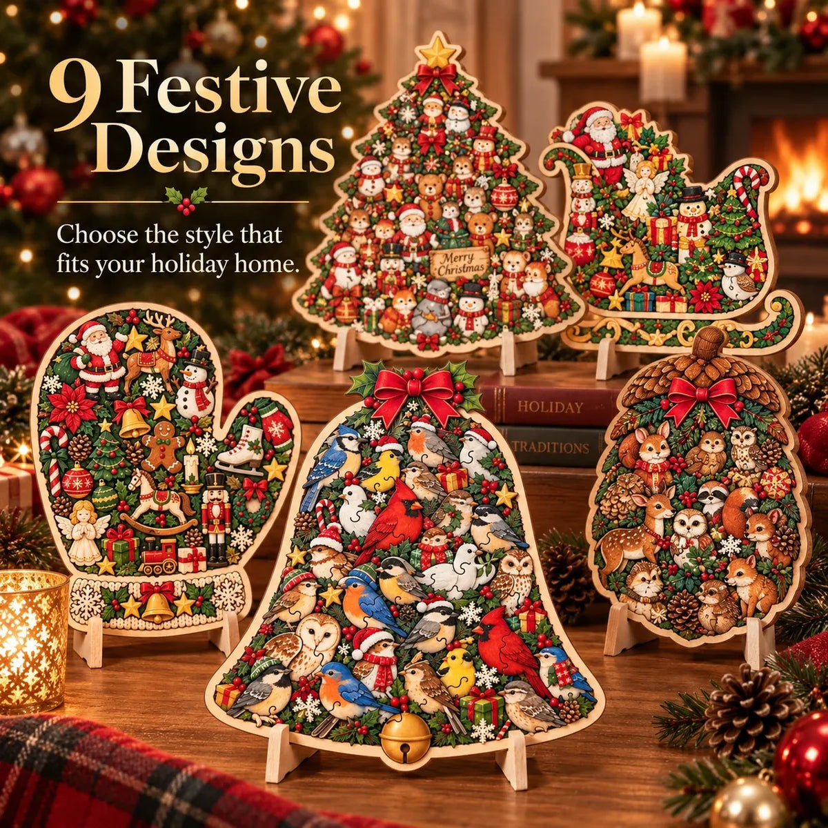 🎄 Houten kerstpuzzel van 20 cm met standaard | 9 feestelijke ontwerpen om in elkaar te zetten en tentoon te stellen 🧩
