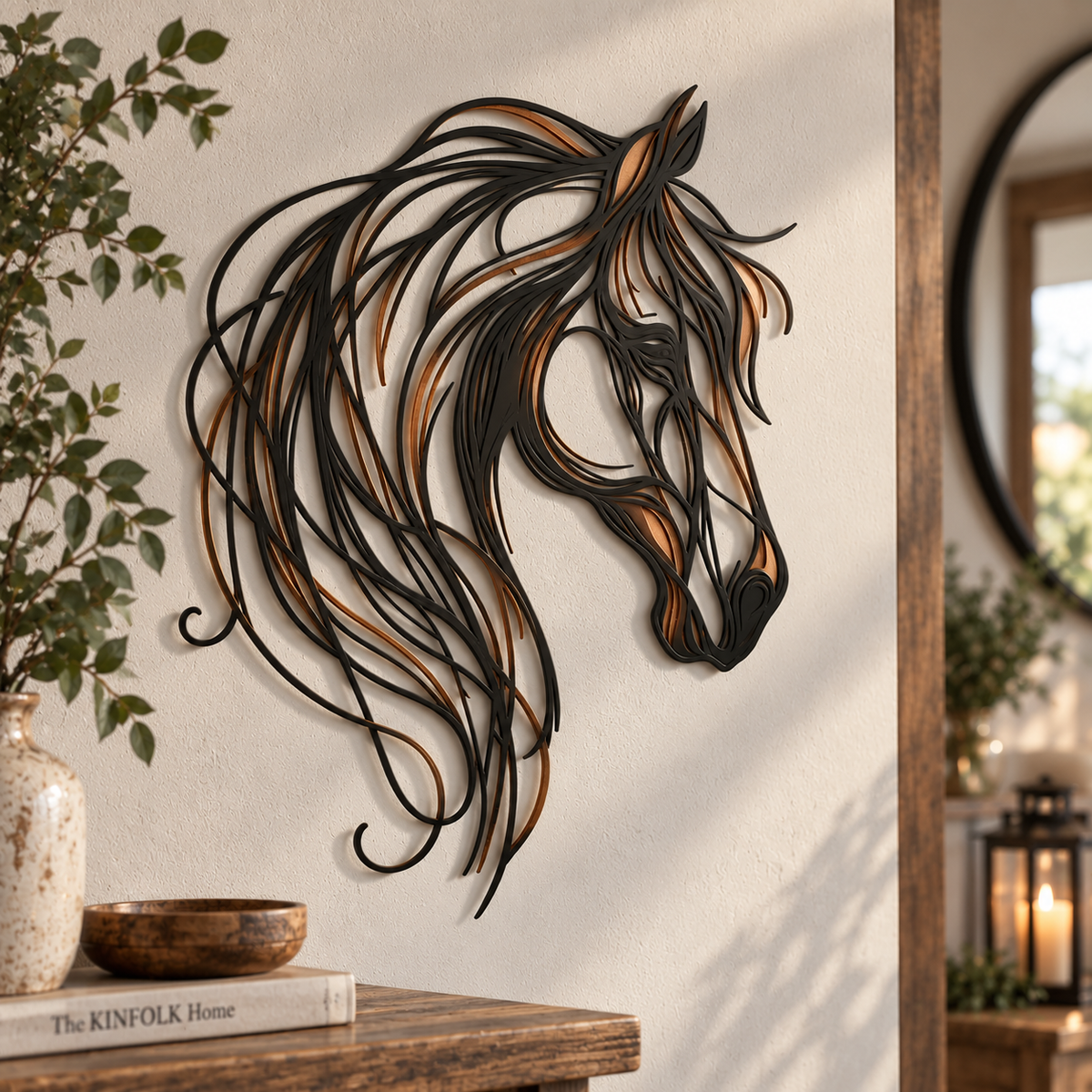 🐴✨ Metalen Paardenhoofd Wanddecoratie – Elegante Kunst met Warme Brons- en Koperaccenten