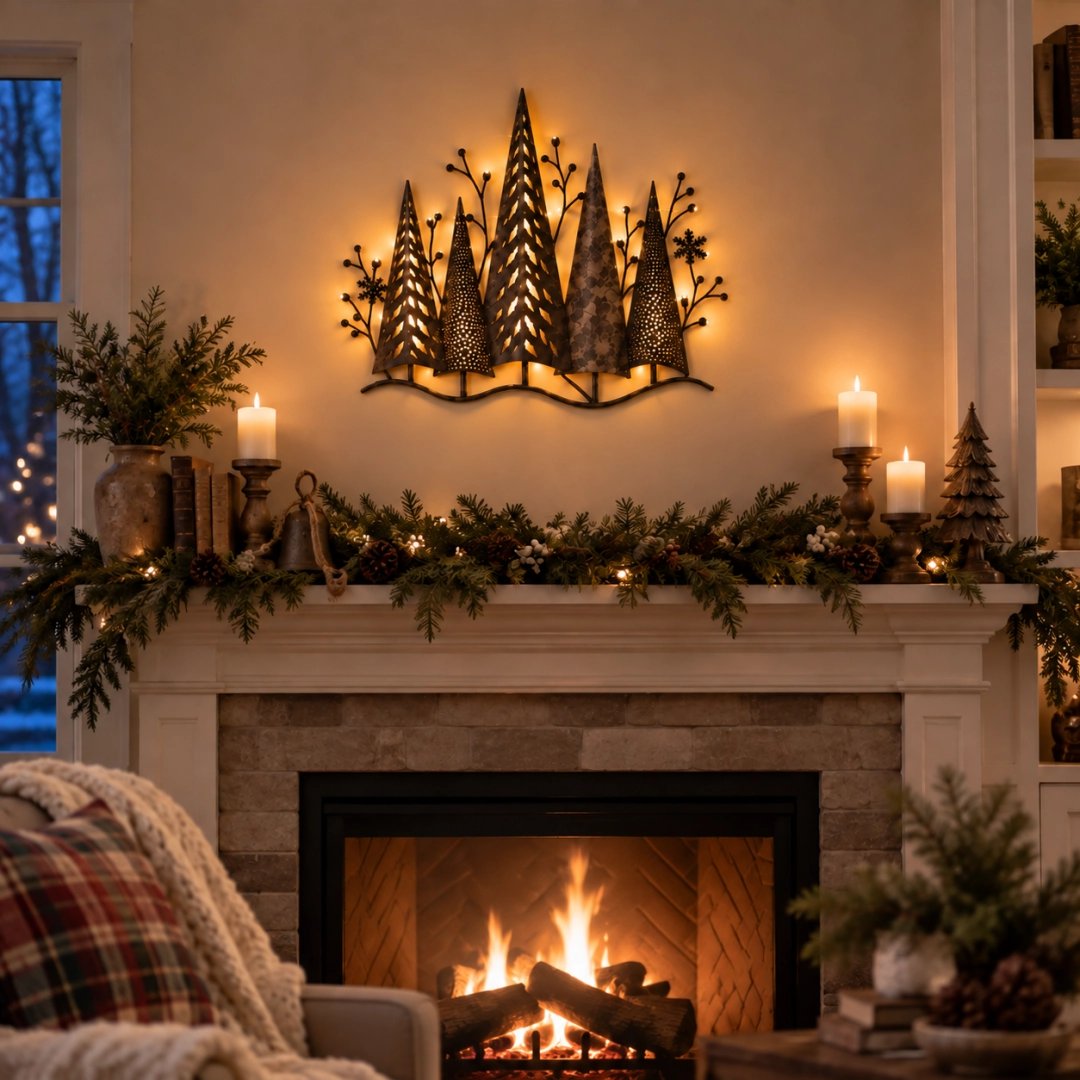 🎄🕯️Vintage wanddecoratie van metaal met een bos-thema, voorzien van verlichting🌙
