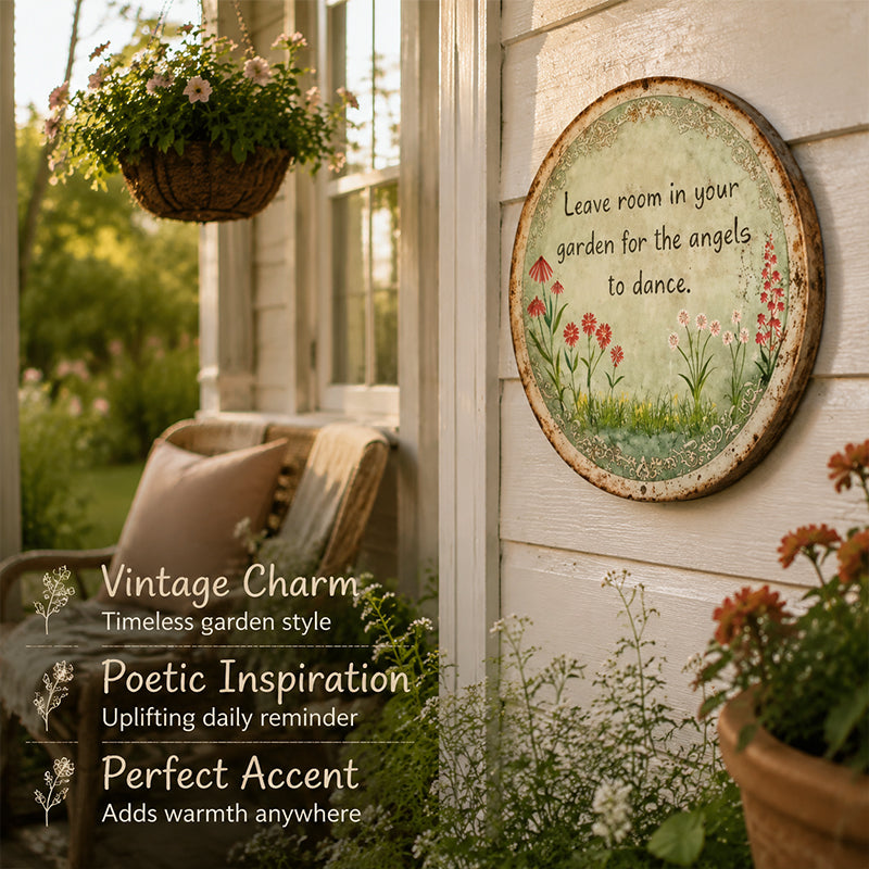 ✨ Handgemaakt rond metalen bordje met ‘Angel Dance’, vintage wanddecoratie voor de cottage-tuin, ideaal als cadeau
