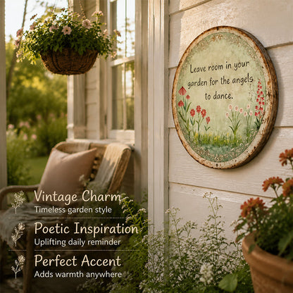 ✨ Handgemaakt rond metalen bordje met ‘Angel Dance’, vintage wanddecoratie voor de cottage-tuin, ideaal als cadeau