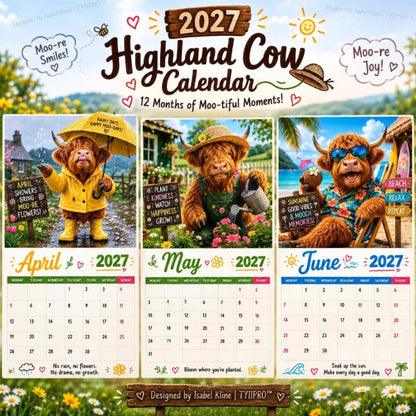 🐮📅 2027 Grappige Highland Cow Wandkalender – A4 Hangkalender 😂✨