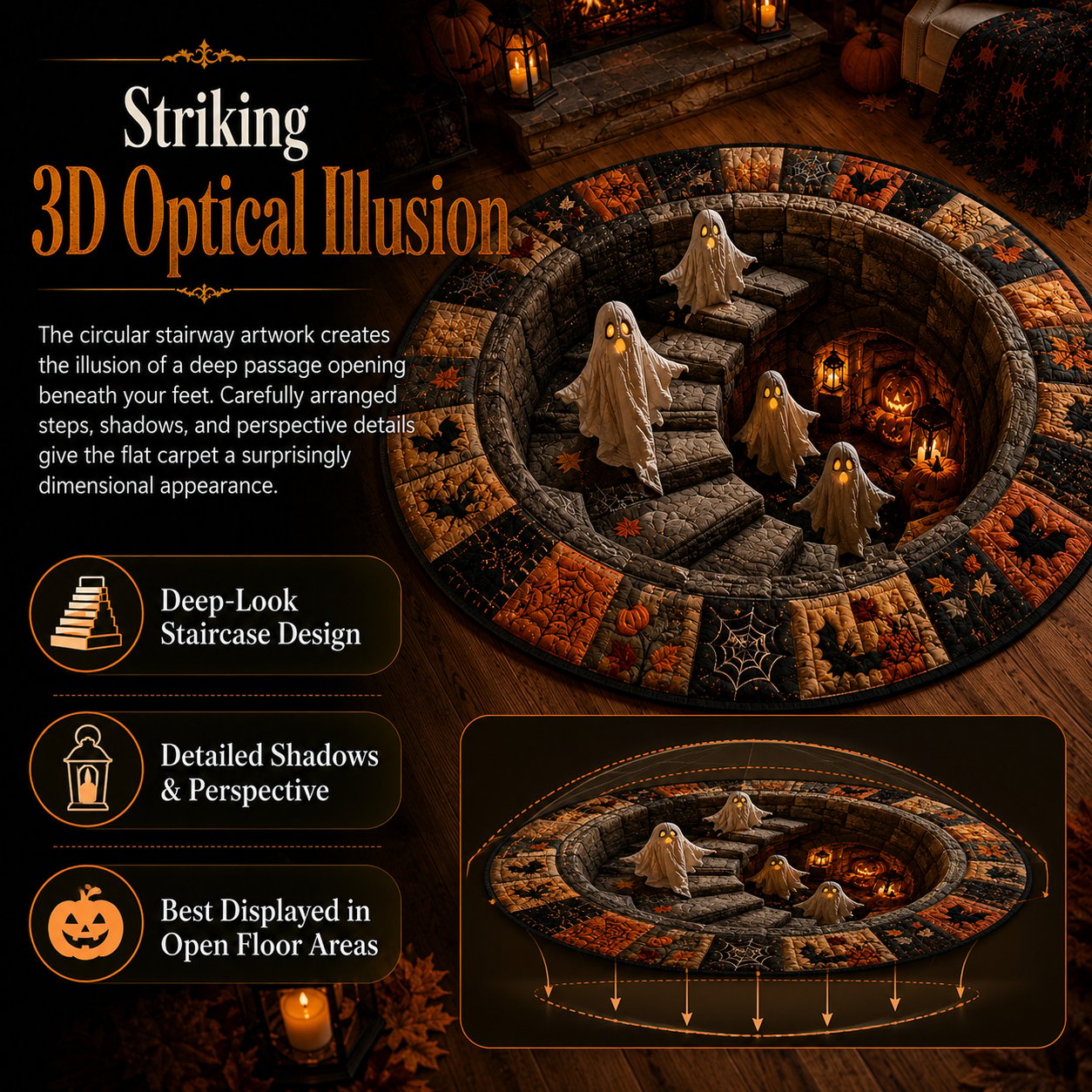 🔥 Rond vloerkleed met 3D-spooktrap – Griezelige Halloween-optische illusie 👻