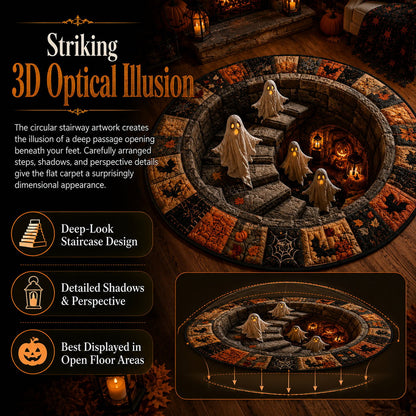 🔥 Rond vloerkleed met 3D-spooktrap – Griezelige Halloween-optische illusie 👻