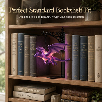 🐉 DragonGlow hangende paarse draak-boekensteun met lampje – Laat een gloeiende draak je favoriete verhalen bewaken 📚🌠
