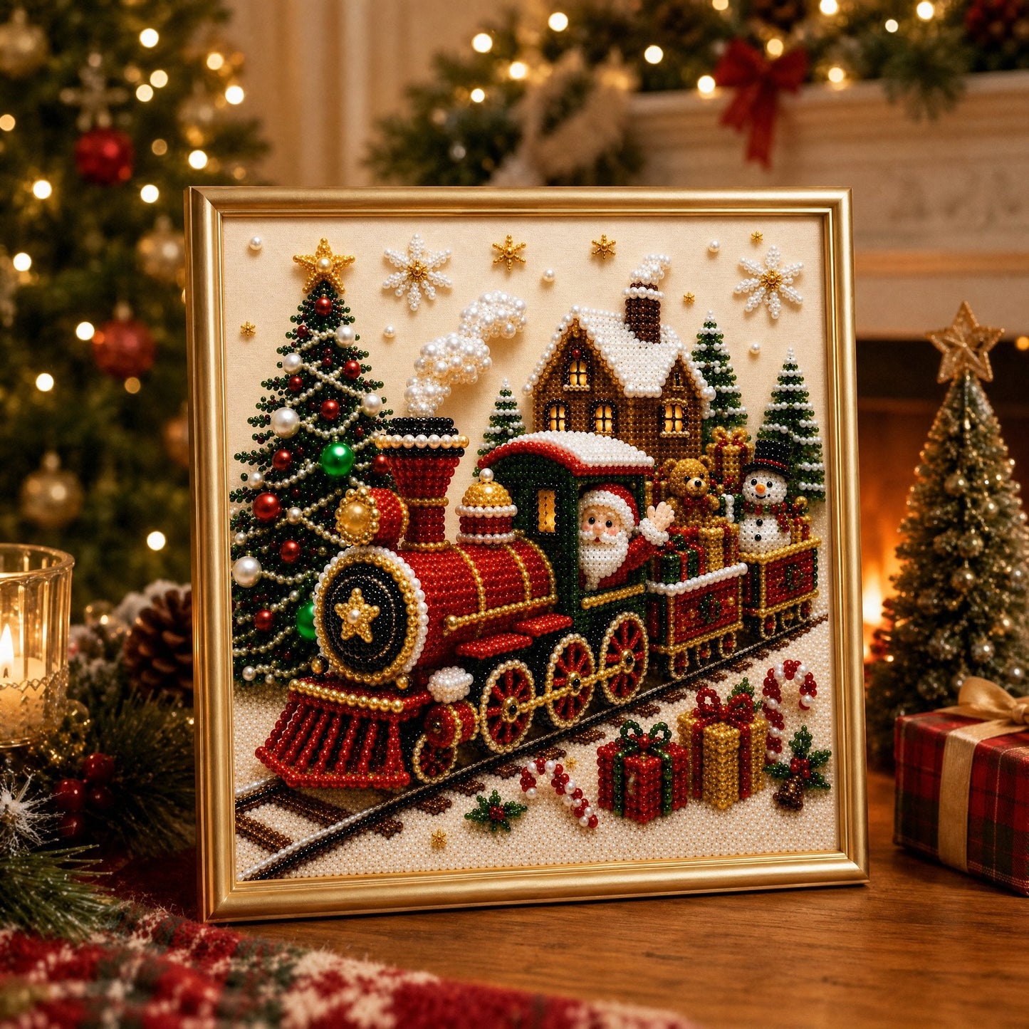 🎄🎅 Premium 3D-kerstwanddecoratieset met parels | Luxe canvas met vloklaag en krasbestendige, kleurvaste parelkraaltjes – DIY-kerstdecoratie ⛄️❄️