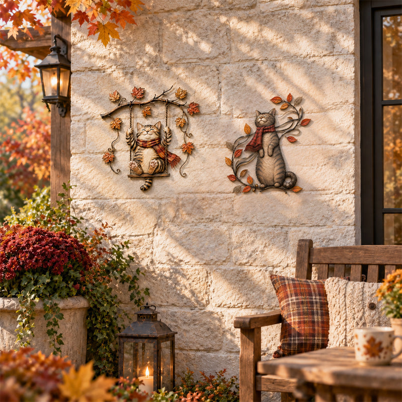 🍁Metalen wanddecoratie met herfstkat🐱