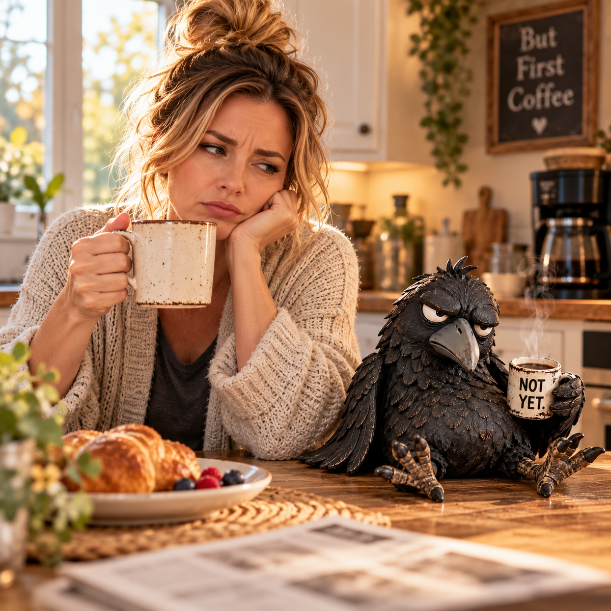 🐦‍⬛☕️ Grumpy Coffee Raven-beeldje – “Not Yet” grappige ochtenddecoratie ✨