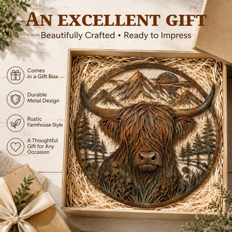 🐂Metalen wanddecoratie met berglandschap en Highland-koe🏔️