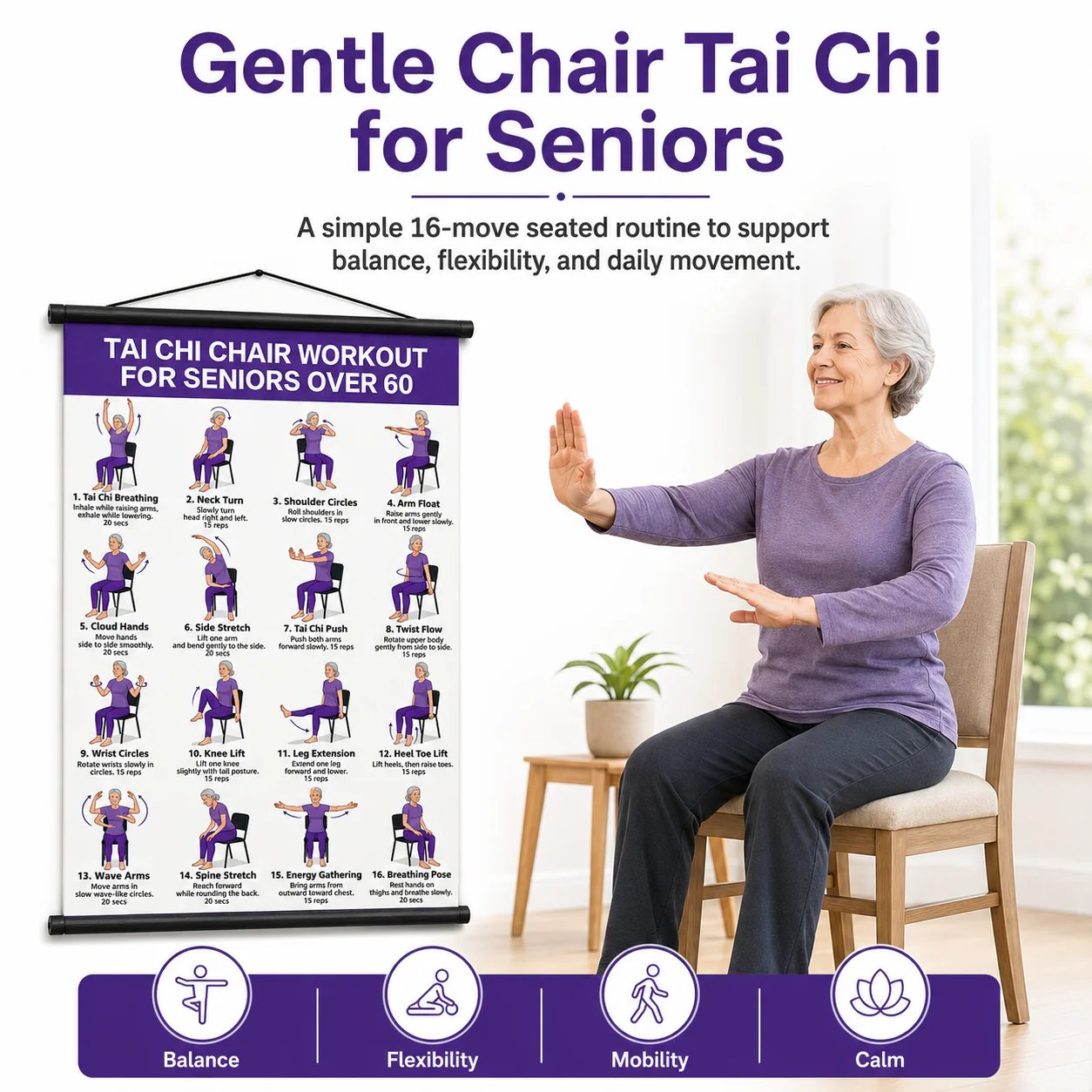 🧘‍♀️☯Tai Chi-oefeningenkaart voor senioren (16 x 24 inches) – Eenvoudige dagelijkse beweging zonder gedoe!