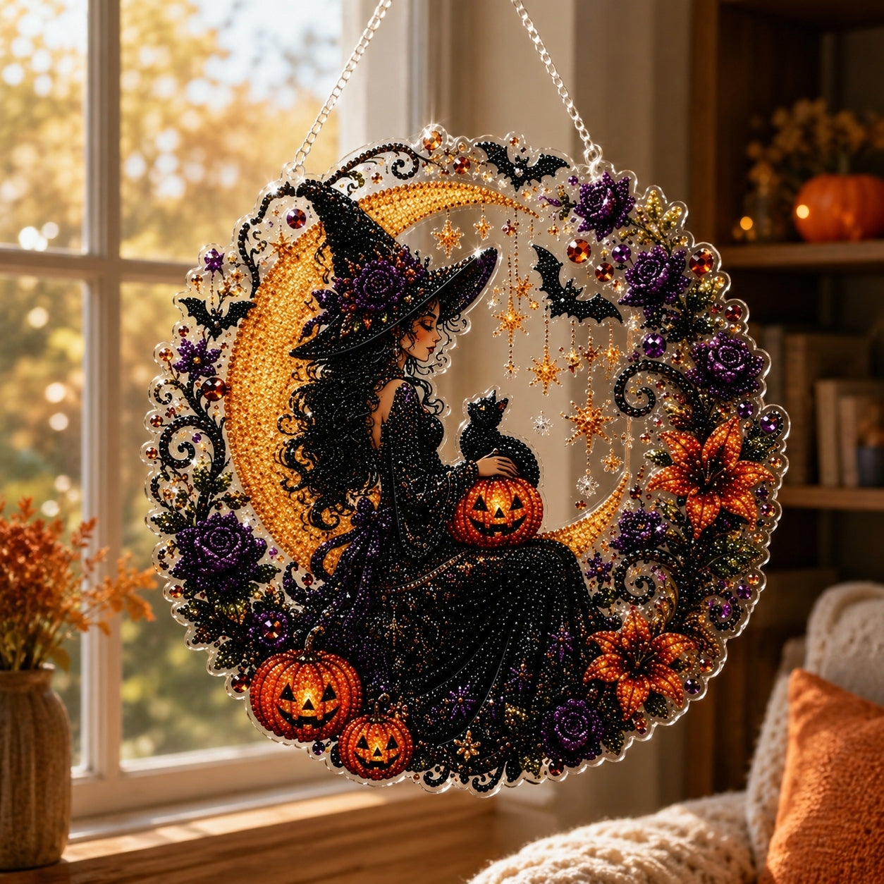 ✨🎃Halloween-hangsieraad-set met zwarte kat en maan in diamantkunststijl👻
