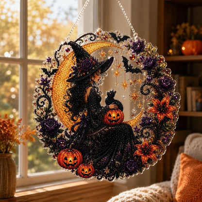 ✨🎃Halloween-hangsieraad-set met zwarte kat en maan in diamantkunststijl👻