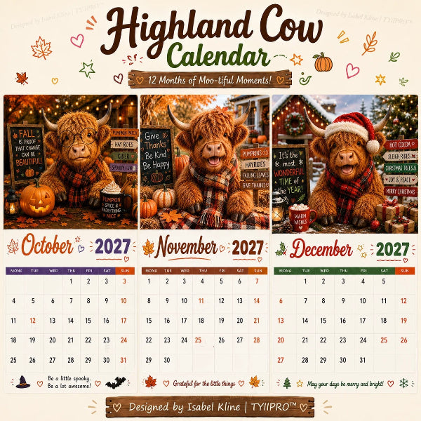 🐮📅 2027 Grappige Highland Cow Wandkalender – A4 Hangkalender 😂✨