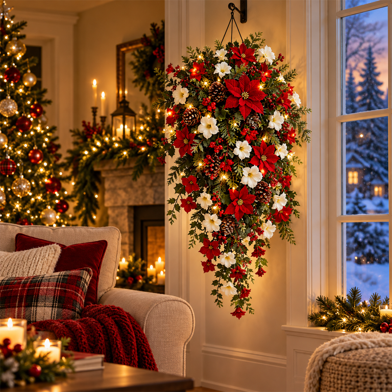 🎄🌺 Verlichte Waterval Kerstkrans – Transformeer Elke Ruimte in Feestsfeer!