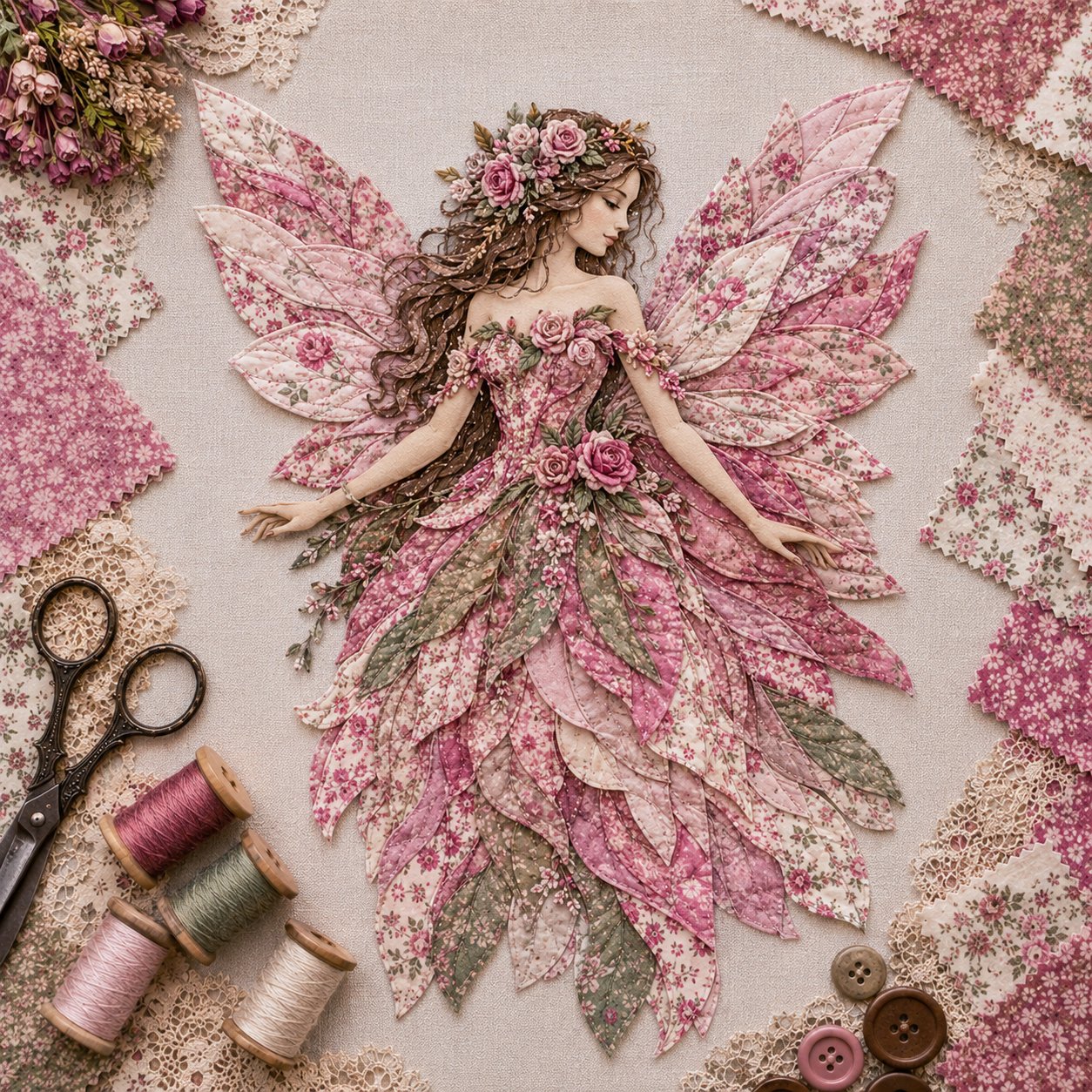 🧚‍♀️🌸 Premium doe-het-zelfpakket ‘Fairy Patchwork’ | Hoogwaardige gelaagde stof met bloemmotiefvleugels – doe-het-zelf, handgemaakte fantasiewanddecoratie ✨