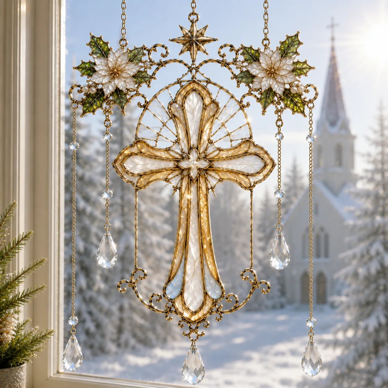✨ Collectie ‘Blessing Suncatcher’ in glas-in-loodstijl | Op het geloof geïnspireerde raamdecoratie met goudkleurige omlijsting en kristallen regenboogdruppels 🌈🙏