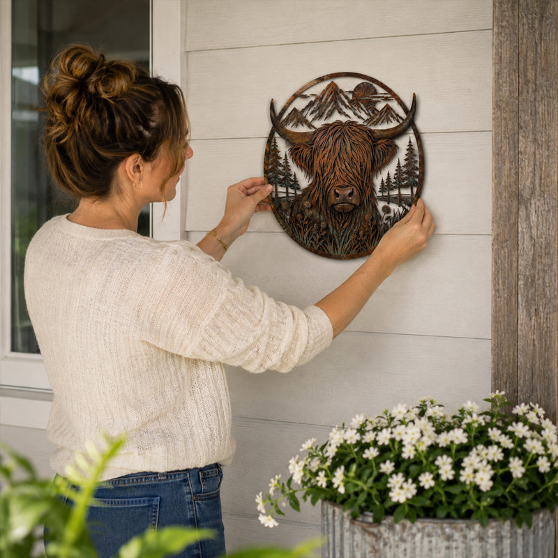 🐂Metalen wanddecoratie met berglandschap en Highland-koe🏔️