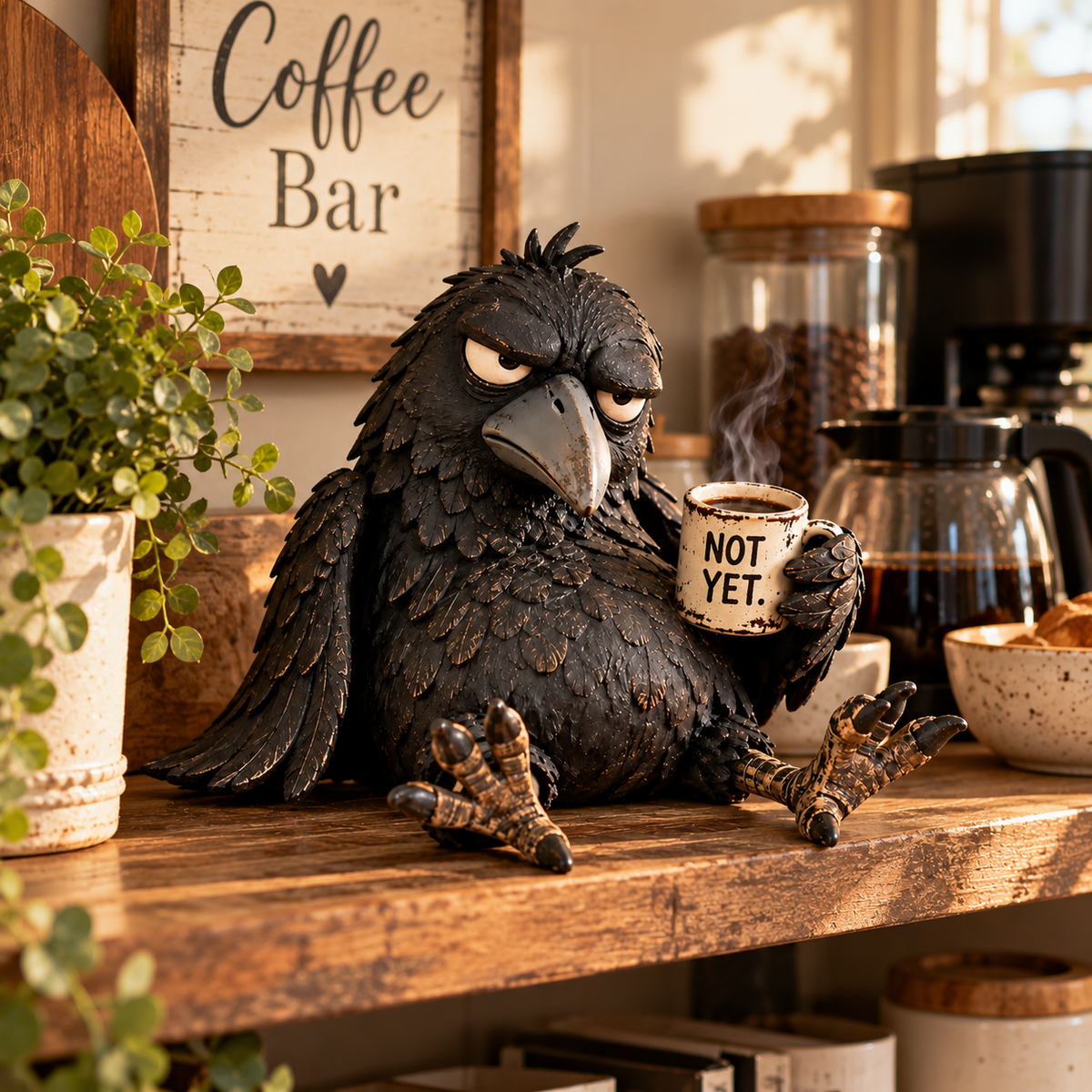 🐦‍⬛☕️ Grumpy Coffee Raven-beeldje – “Not Yet” grappige ochtenddecoratie ✨