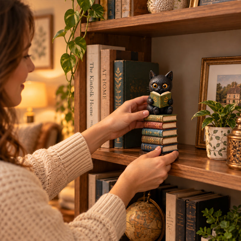 🐱📚 Beeldje van een lezende kat — Een boekenliefhebbers-accessoire voor gezellige hoekjes