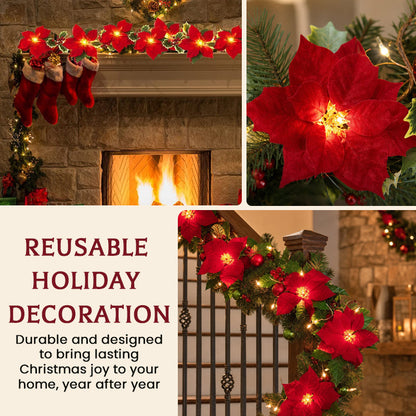 😍 🎄 Kerstster-lichtslinger – 2 m warme LED-slinger met rode bloemen en hulstblaadjes