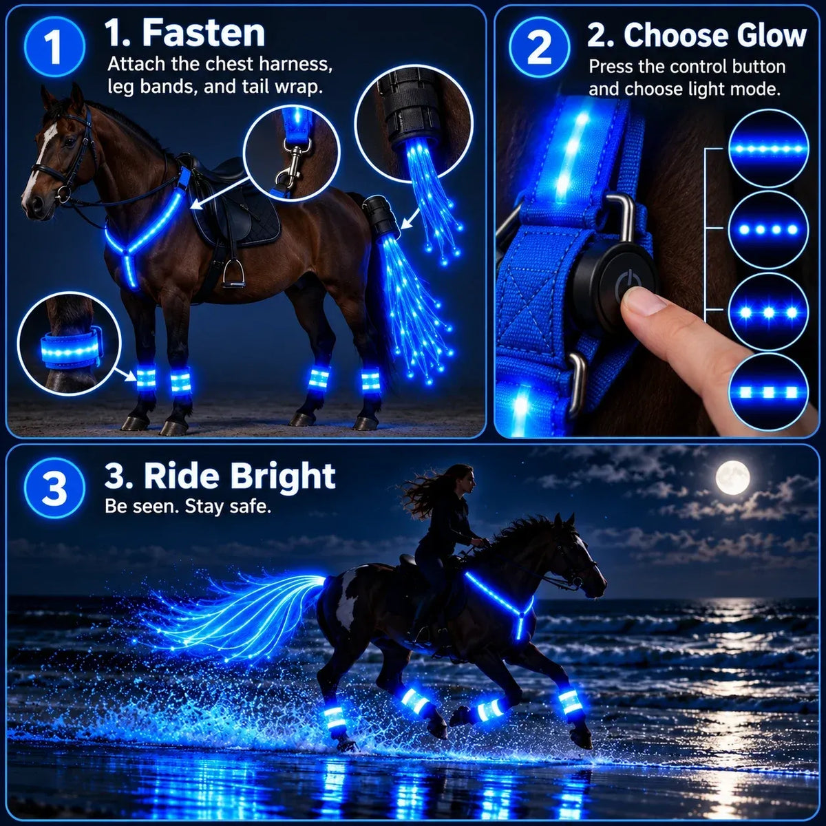 🌟✨ 6-delige LED-veiligheidsuitrusting voor paarden met nachtverlichting 🐎
