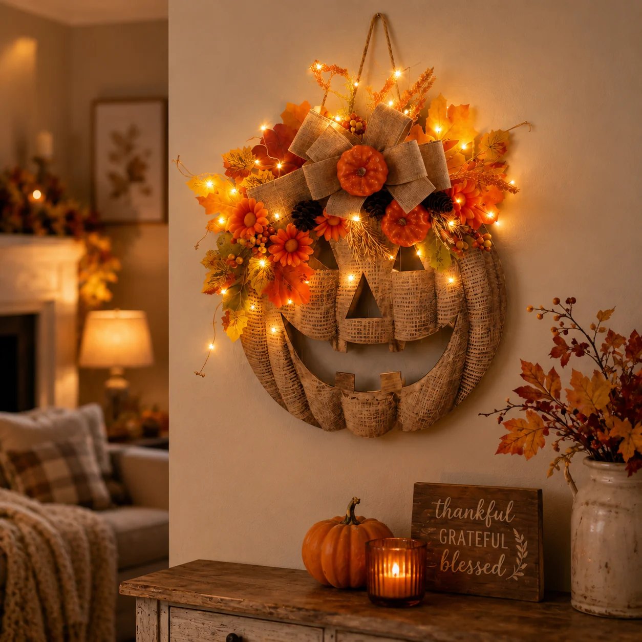 🎃✨ Lighted Burlap Pumpkin Wreath  (✨Limited Edition 2026)