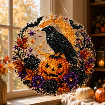 ✨🎃Halloween-hangsieraad-set met zwarte kat en maan in diamantkunststijl👻