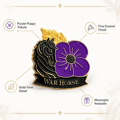 🐴 Broche ter herdenking van de 111e verjaardag met paard en paarse klaproos | Een betekenisvol herdenkingsaandenken met antiek-geïnspireerde details voor veteranen, paardenliefhebbers en geschiedenisliefhebbers 💜