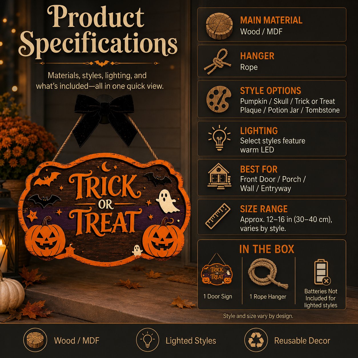 🎃 Trick or Treat Halloween Deurbord – Sfeervolle Halloween Welkom Decoratie 👻🦇