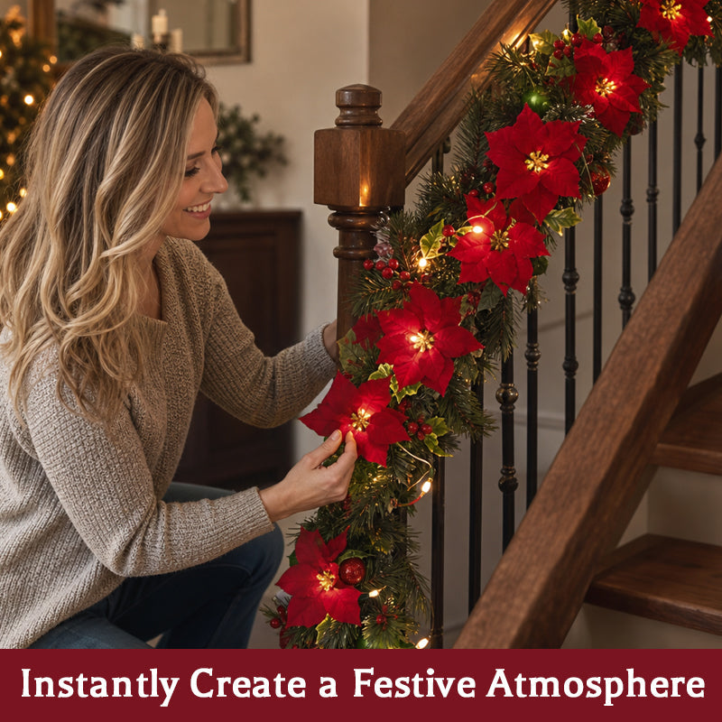 😍 🎄 Kerstster-lichtslinger – 2 m warme LED-slinger met rode bloemen en hulstblaadjes