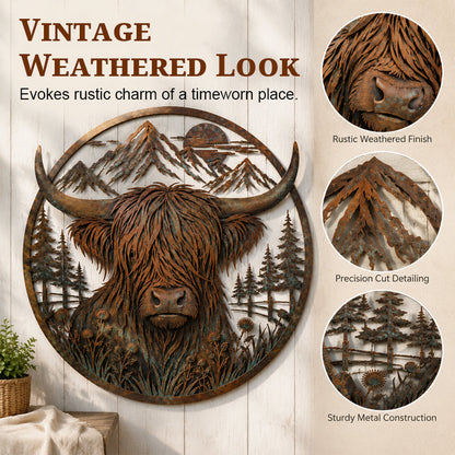 🐂Metalen wanddecoratie met berglandschap en Highland-koe🏔️