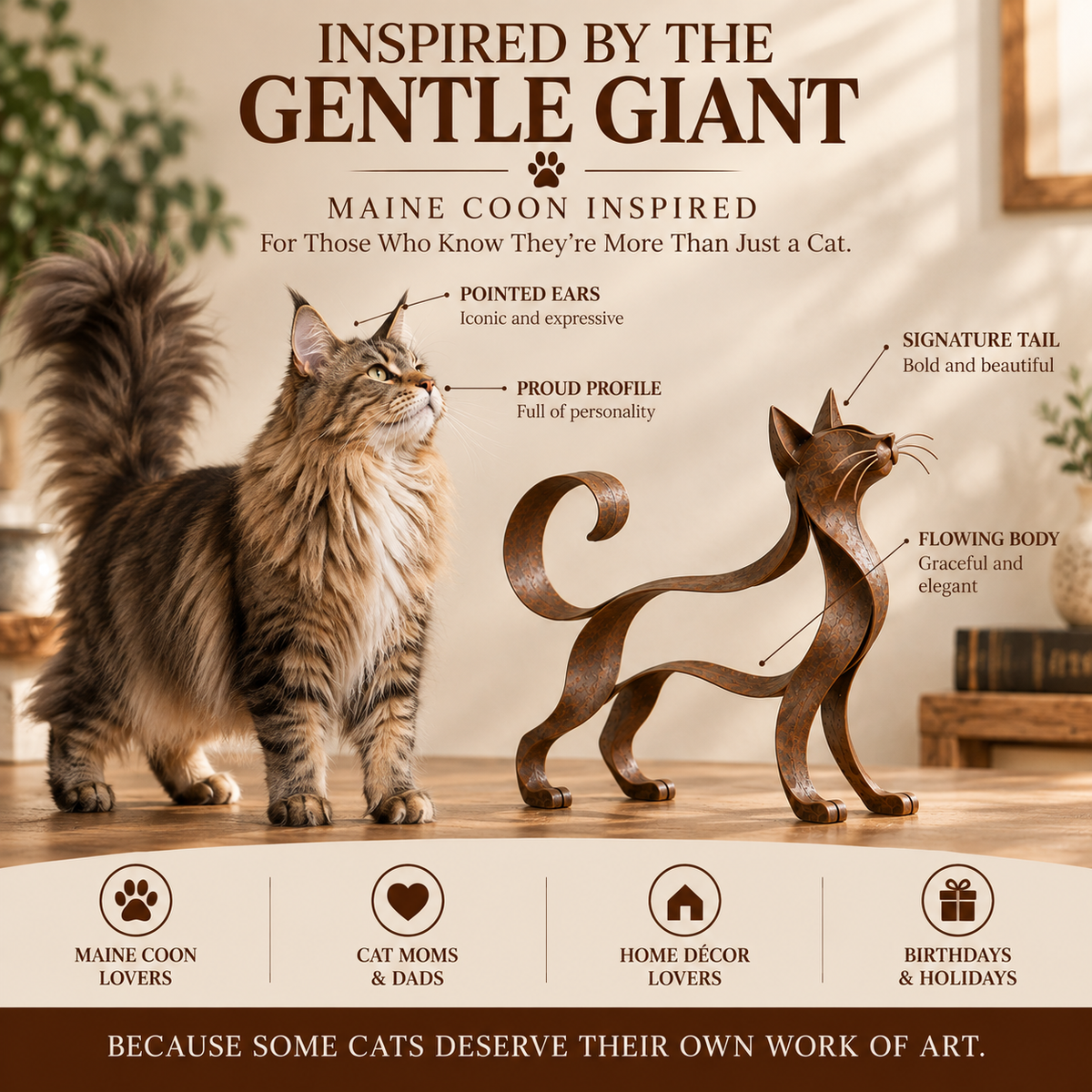 🐱 Metalen kattenbeeld in Maine Coon-stijl