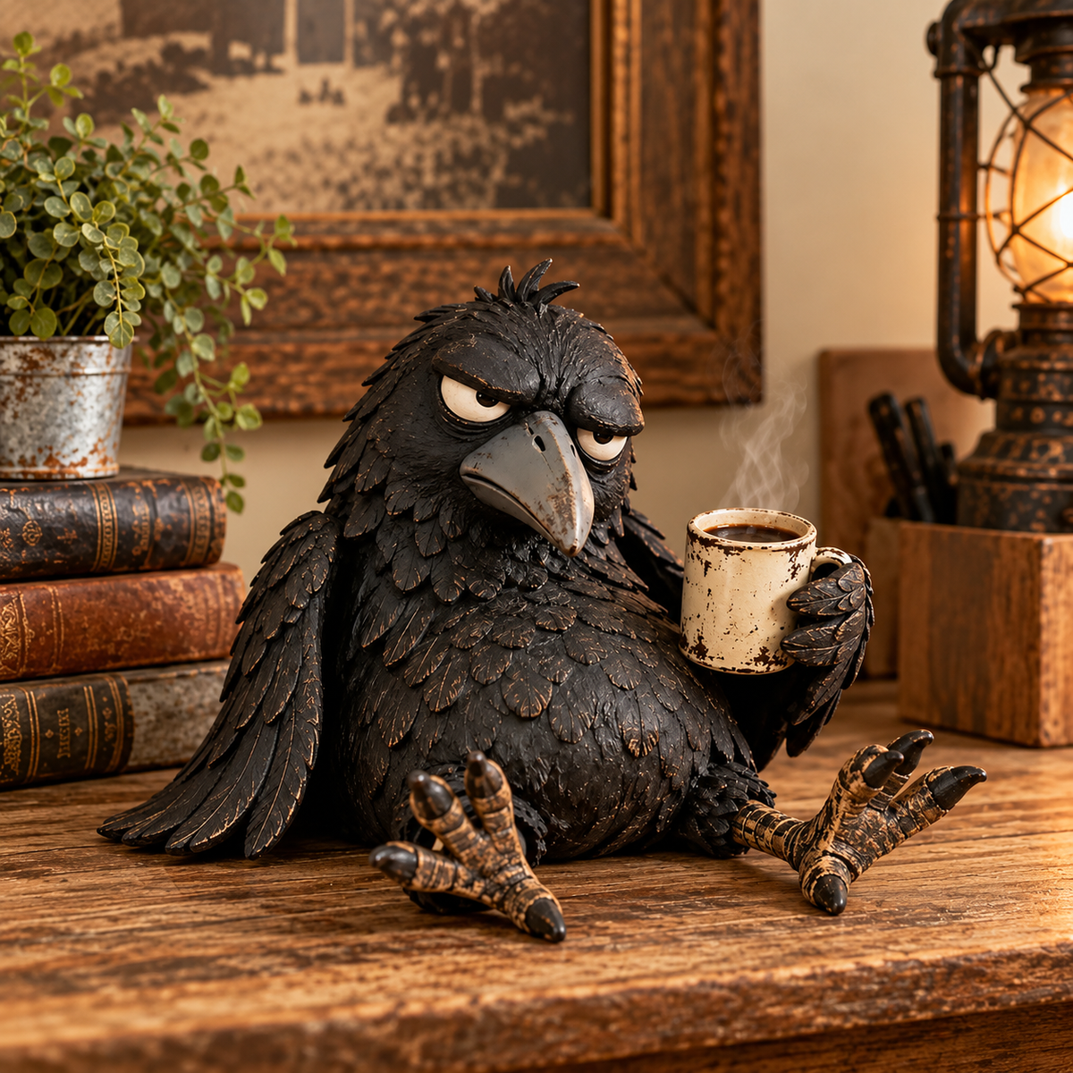 🐦‍⬛☕️ Grumpy Coffee Raven-beeldje – “Not Yet” grappige ochtenddecoratie ✨
