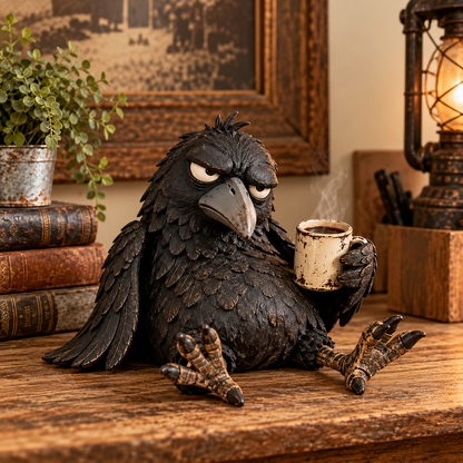 🐦‍⬛☕️ Grumpy Coffee Raven-beeldje – “Not Yet” grappige ochtenddecoratie ✨