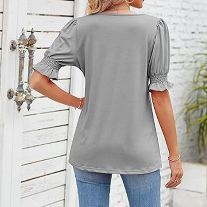 🌸Shirt met U-hals en bloembladmouwe