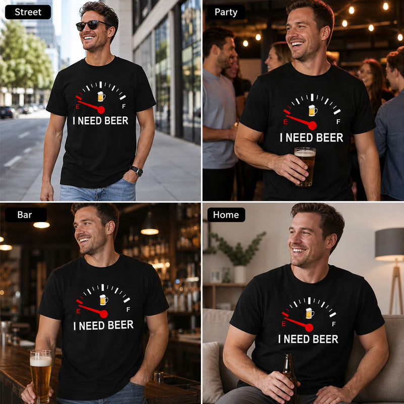 🍻 “I Need Beer” grappig T-shirt met brandstofmeter-print: comfortabel T-shirt met opvallende print voor bierliefhebbers! ⛽✨