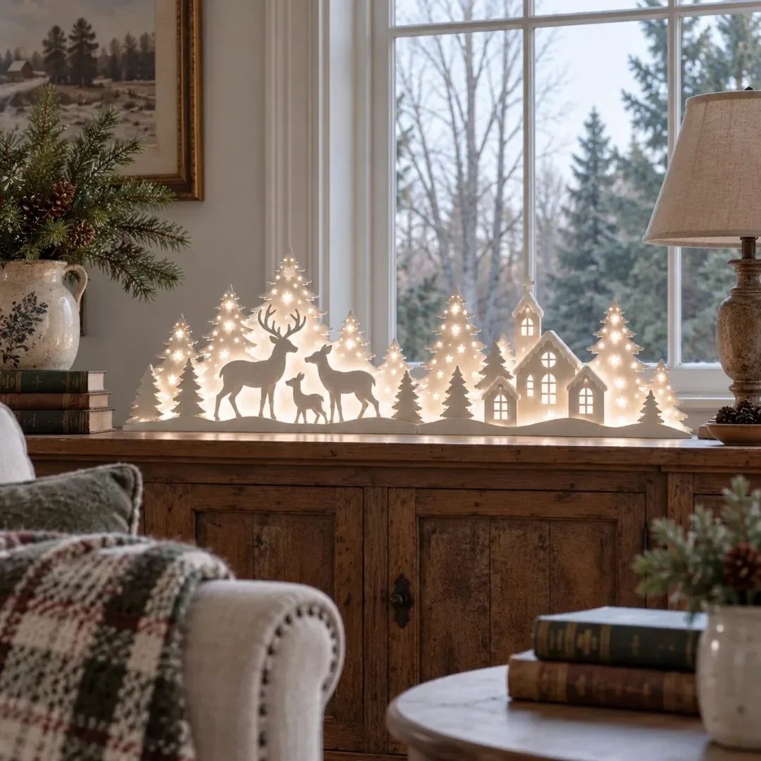 🦌 Verlichte kerstversieringen voor het raam – rendieren & dorp | 2-delige LED-set ✨