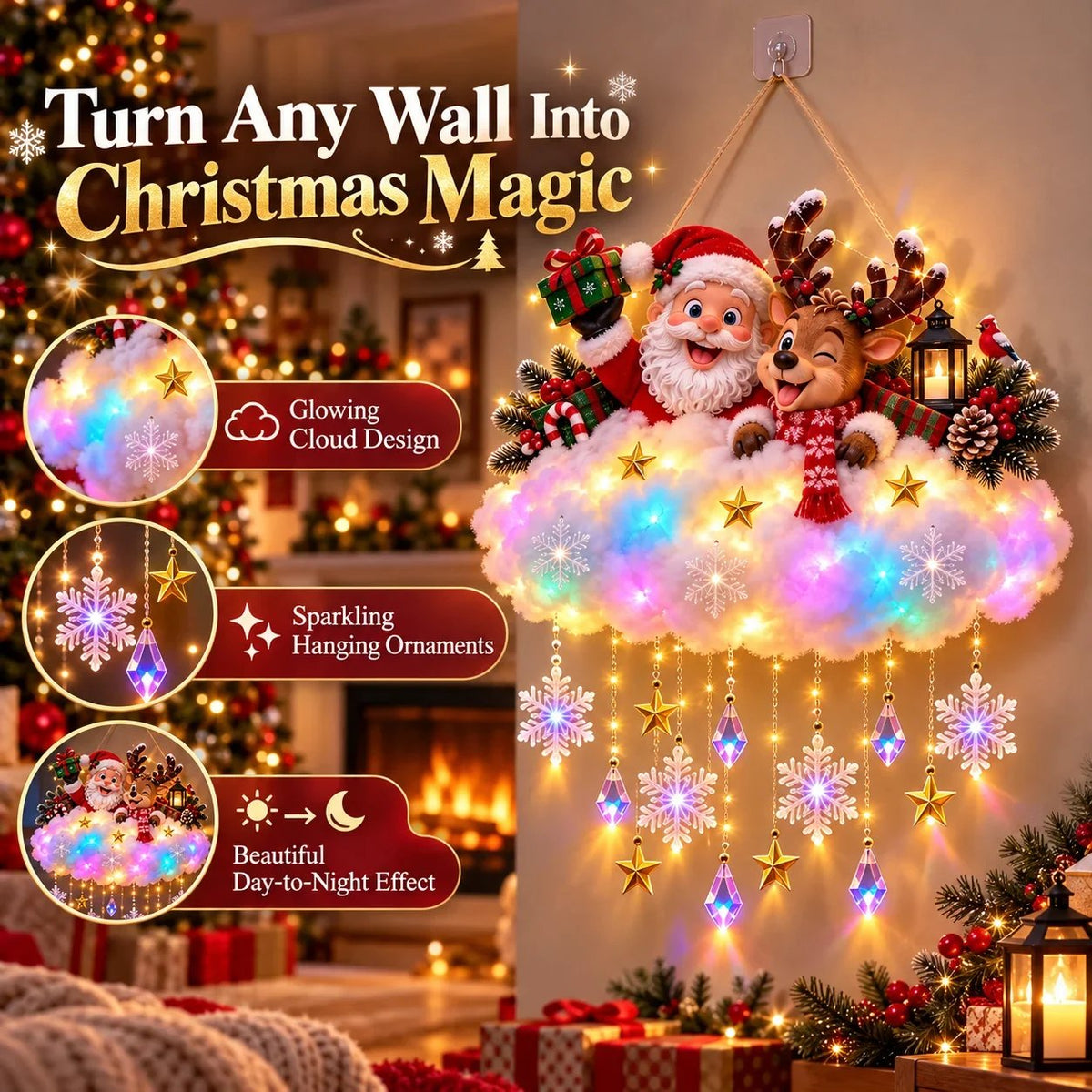 🎄 Verlichte kerstwolk als hangdecoratie – Kerstman & winterdorp als kerstversiering
