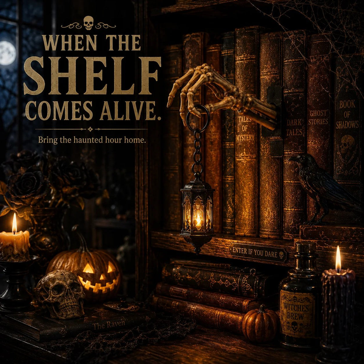 💀 Skeleton Hand Lantern boekenplanklamp | Gotische decoratie voor op de plank op batterijen, met warme amberkleurige LED, snoerloos ontwerp en montage zonder gereedschap 🕯️