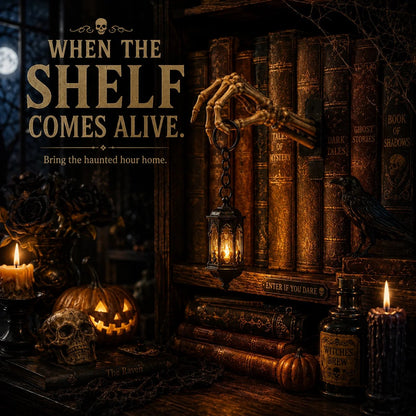 💀 Skeleton Hand Lantern boekenplanklamp | Gotische decoratie voor op de plank op batterijen, met warme amberkleurige LED, snoerloos ontwerp en montage zonder gereedschap 🕯️