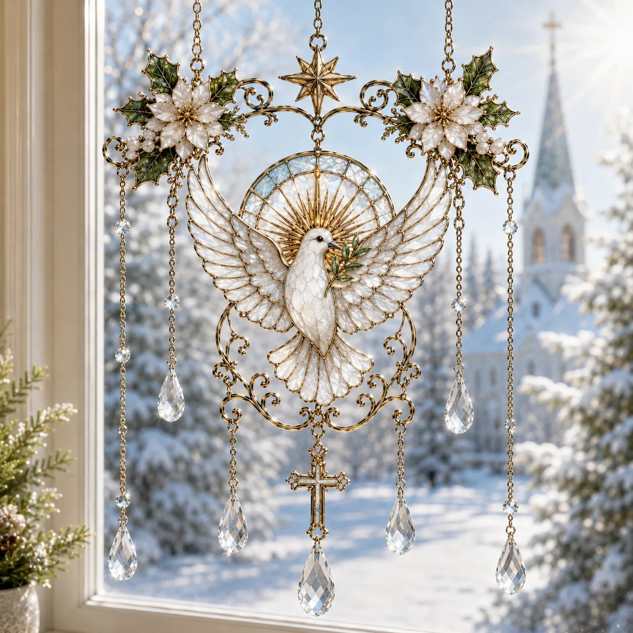 ✨ Collectie ‘Blessing Suncatcher’ in glas-in-loodstijl | Op het geloof geïnspireerde raamdecoratie met goudkleurige omlijsting en kristallen regenboogdruppels 🌈🙏