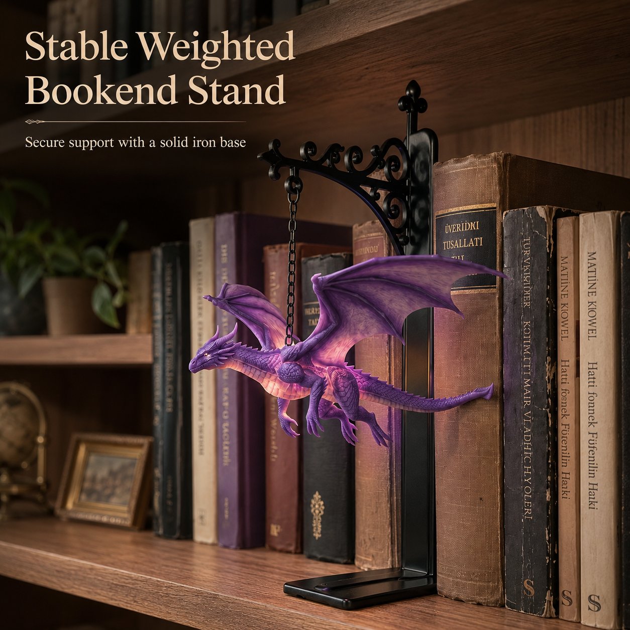 🐉 DragonGlow hangende paarse draak-boekensteun met lampje – Laat een gloeiende draak je favoriete verhalen bewaken 📚🌠