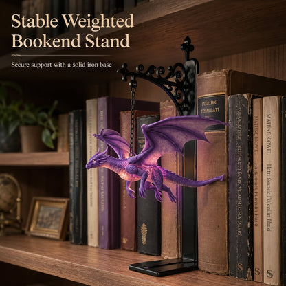 🐉 DragonGlow hangende paarse draak-boekensteun met lampje – Laat een gloeiende draak je favoriete verhalen bewaken 📚🌠