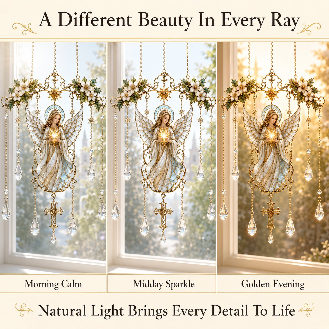 ✨ Collectie ‘Blessing Suncatcher’ in glas-in-loodstijl | Op het geloof geïnspireerde raamdecoratie met goudkleurige omlijsting en kristallen regenboogdruppels 🌈🙏