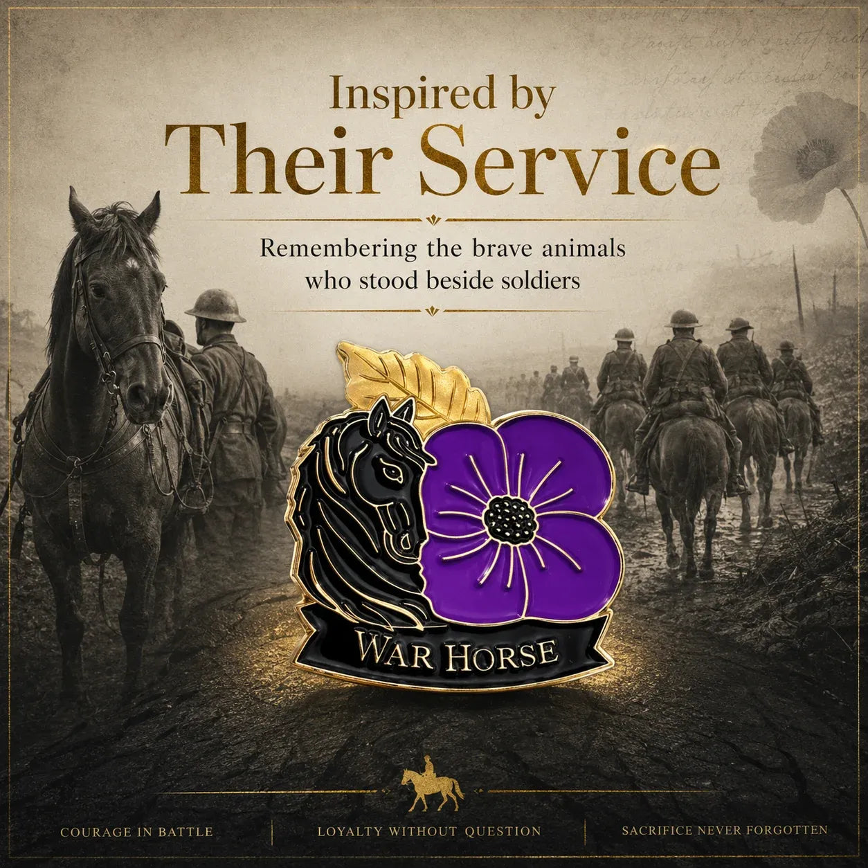 🐴 Broche ter herdenking van de 111e verjaardag met paard en paarse klaproos | Een betekenisvol herdenkingsaandenken met antiek-geïnspireerde details voor veteranen, paardenliefhebbers en geschiedenisliefhebbers 💜