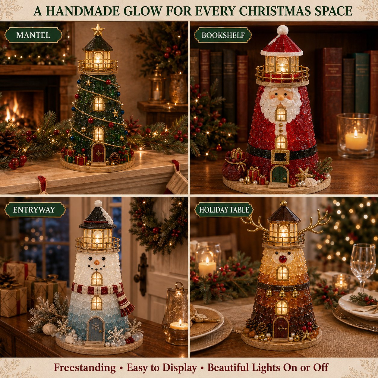 🎄Een voor beginners geschikte doe-het-zelfset voor een verlichte kerstfiguur in de vorm van een vuurtoren in zeeglasstijl | Complete set inclusief onderdelen in zeeglasstijl, led-lampjes en een stapsgewijze handleiding 💕