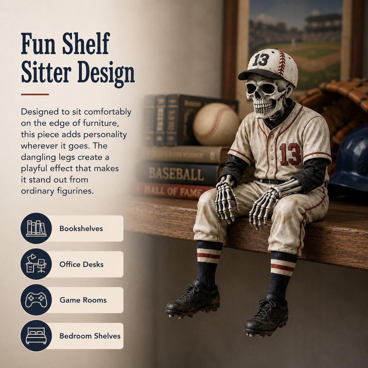 ⚾ Skeletfiguurtje voor op de plank in honkbalstijl – Hij bleef iets te lang in het spel 💀