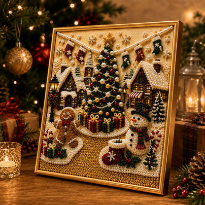🎄🎅 Premium 3D-kerstwanddecoratieset met parels | Luxe canvas met vloklaag en krasbestendige, kleurvaste parelkraaltjes – DIY-kerstdecoratie ⛄️❄️