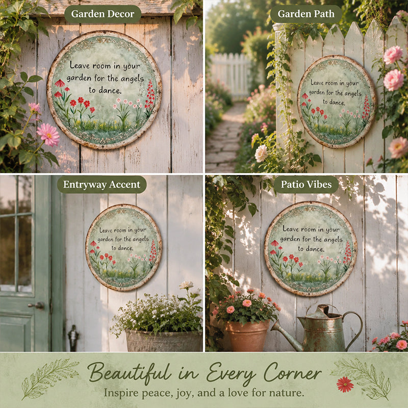 ✨ Handgemaakt rond metalen bordje met ‘Angel Dance’, vintage wanddecoratie voor de cottage-tuin, ideaal als cadeau