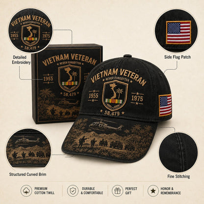 🔥🎖️Vietnam Veteran Never Forgotten 1955–1975 Commemorative Cap 🇺🇸